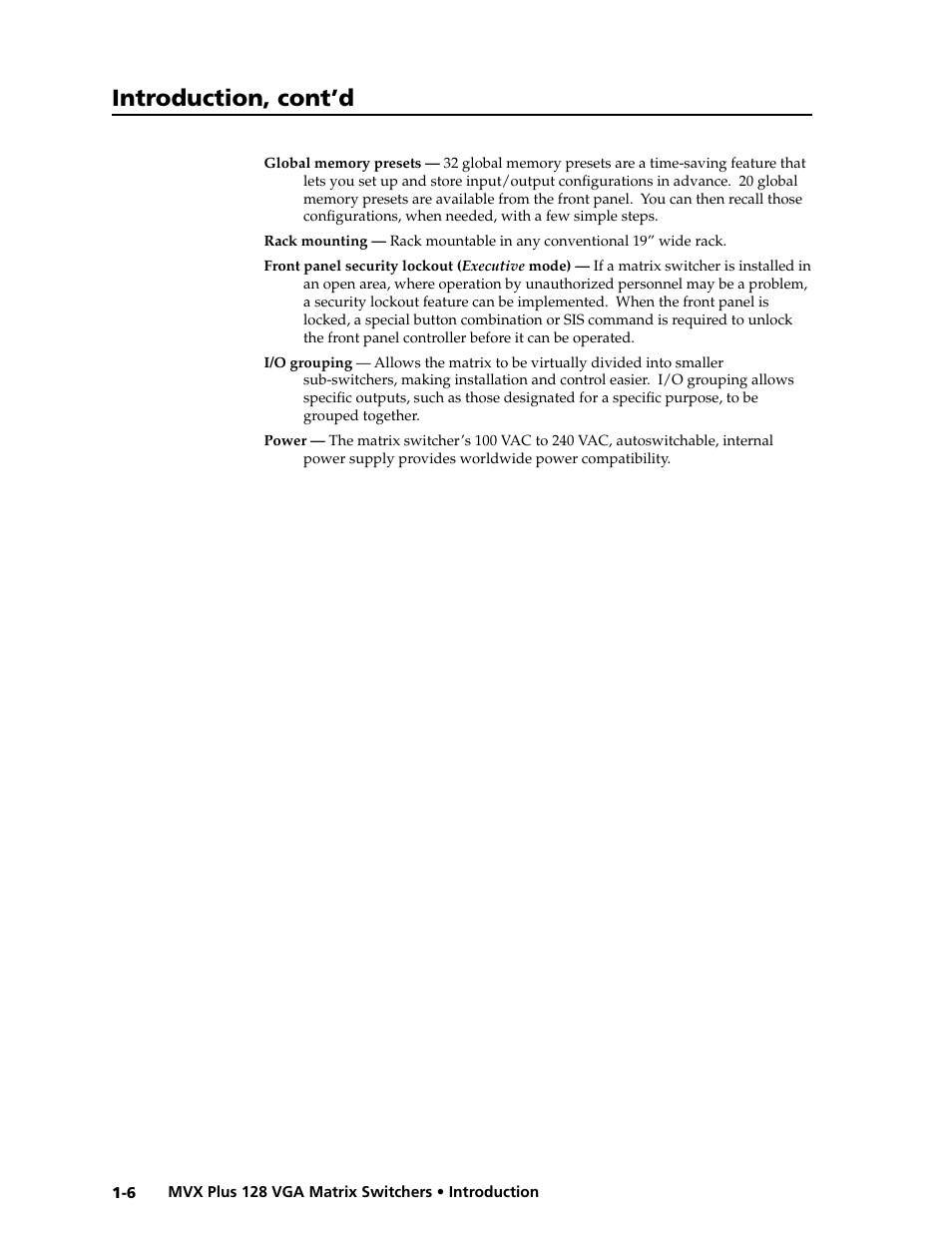 Preliminar y, Introduction, cont’d | Extron electronic VGA MATRIX SWITCHERS MVX PLUS 128 User Manual | Page 16 / 148