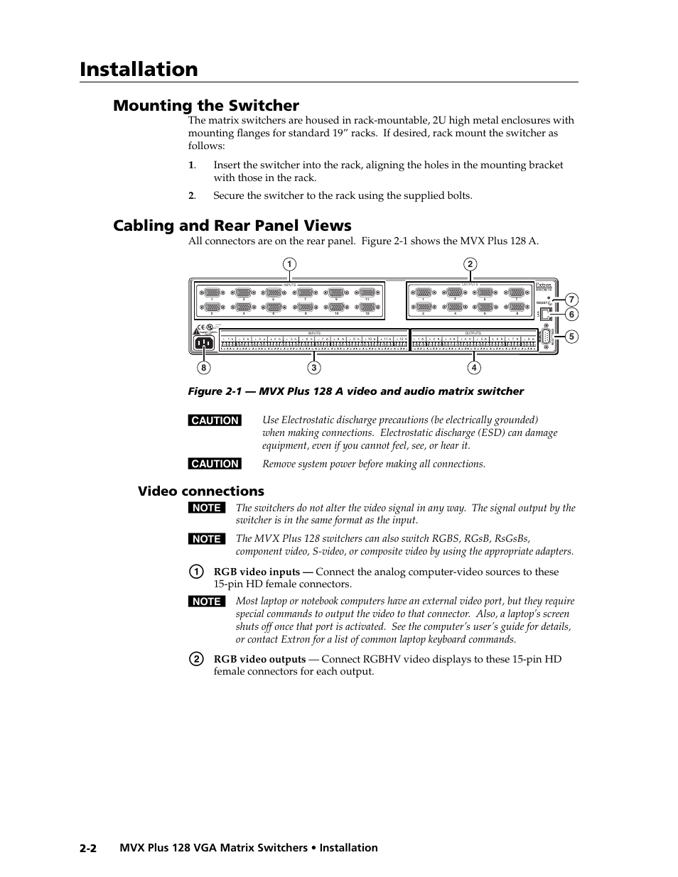 Preliminar y, Installation, Mounting the switcher | Cabling and rear panel views, Video connections | Extron electronic VGA MATRIX SWITCHERS MVX PLUS 128 User Manual | Page 18 / 148