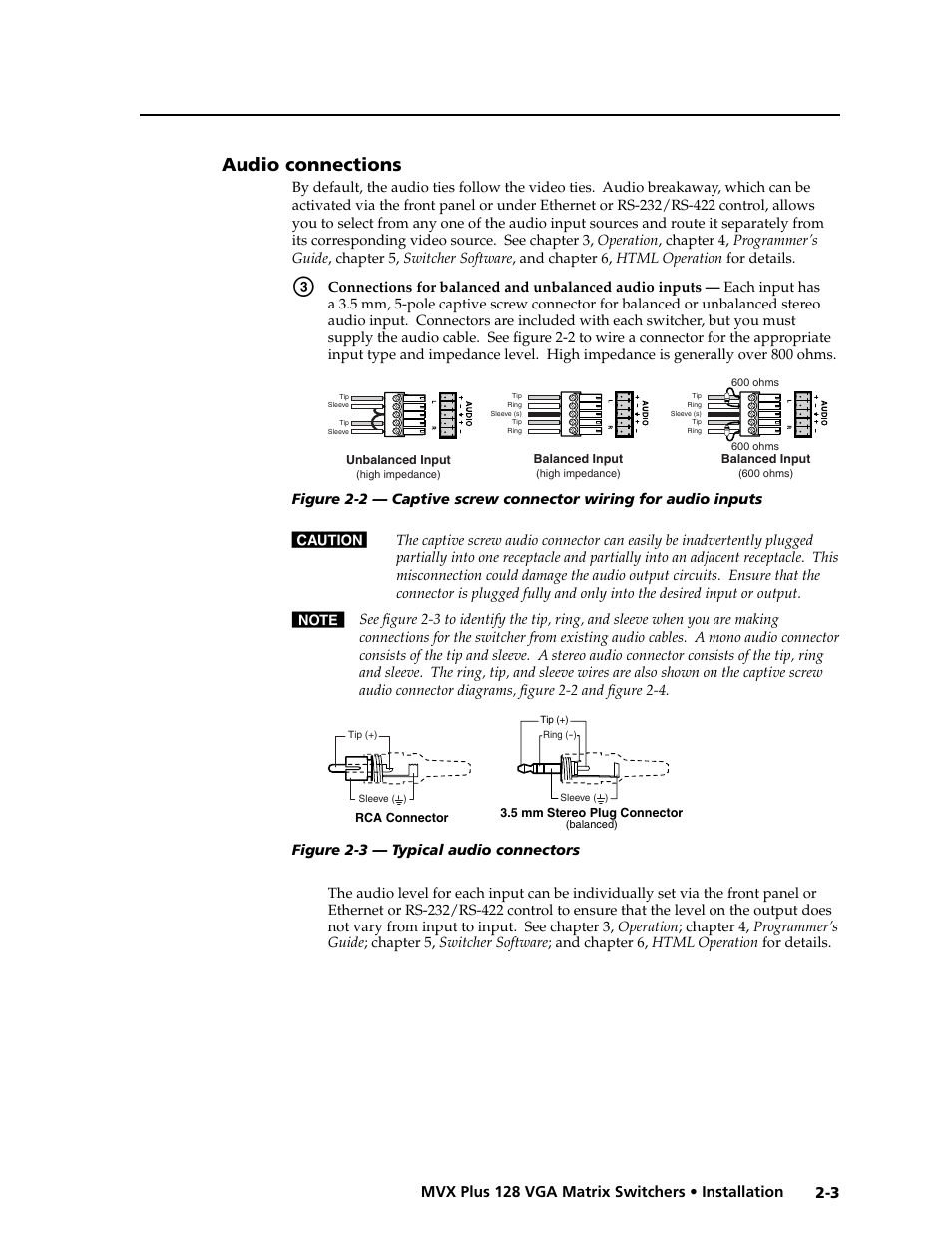 Preliminar y, Audio connections | Extron electronic VGA MATRIX SWITCHERS MVX PLUS 128 User Manual | Page 19 / 148