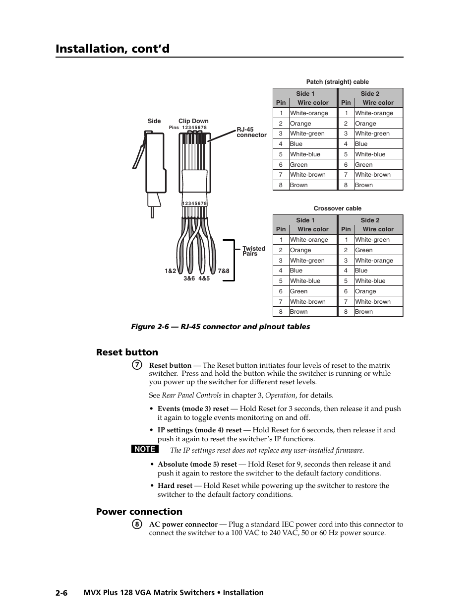 Preliminar y, Installation, cont’d, Reset button | Power connection | Extron electronic VGA MATRIX SWITCHERS MVX PLUS 128 User Manual | Page 22 / 148