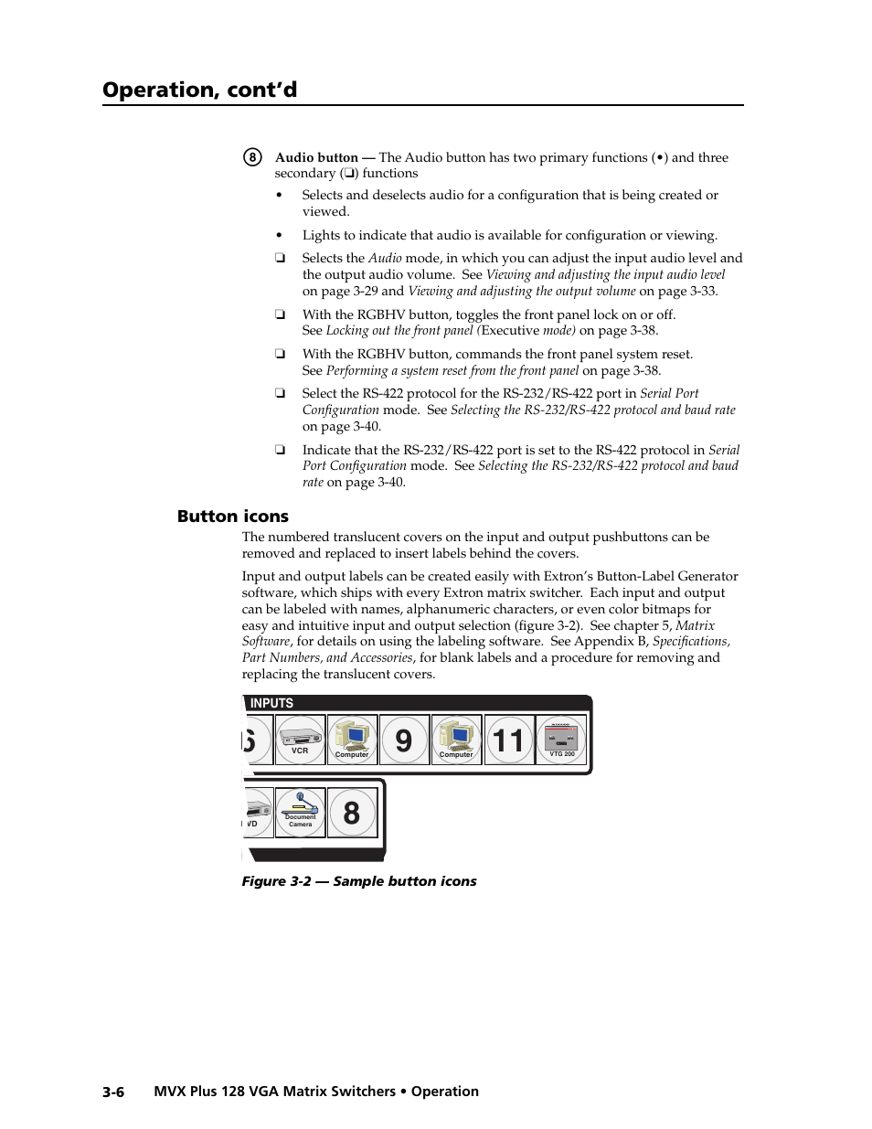 Preliminar y, Operation, cont’d | Extron electronic VGA MATRIX SWITCHERS MVX PLUS 128 User Manual | Page 28 / 148