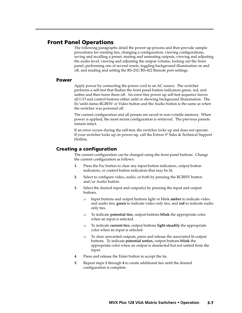 Preliminar y, Front panel operations | Extron electronic VGA MATRIX SWITCHERS MVX PLUS 128 User Manual | Page 29 / 148