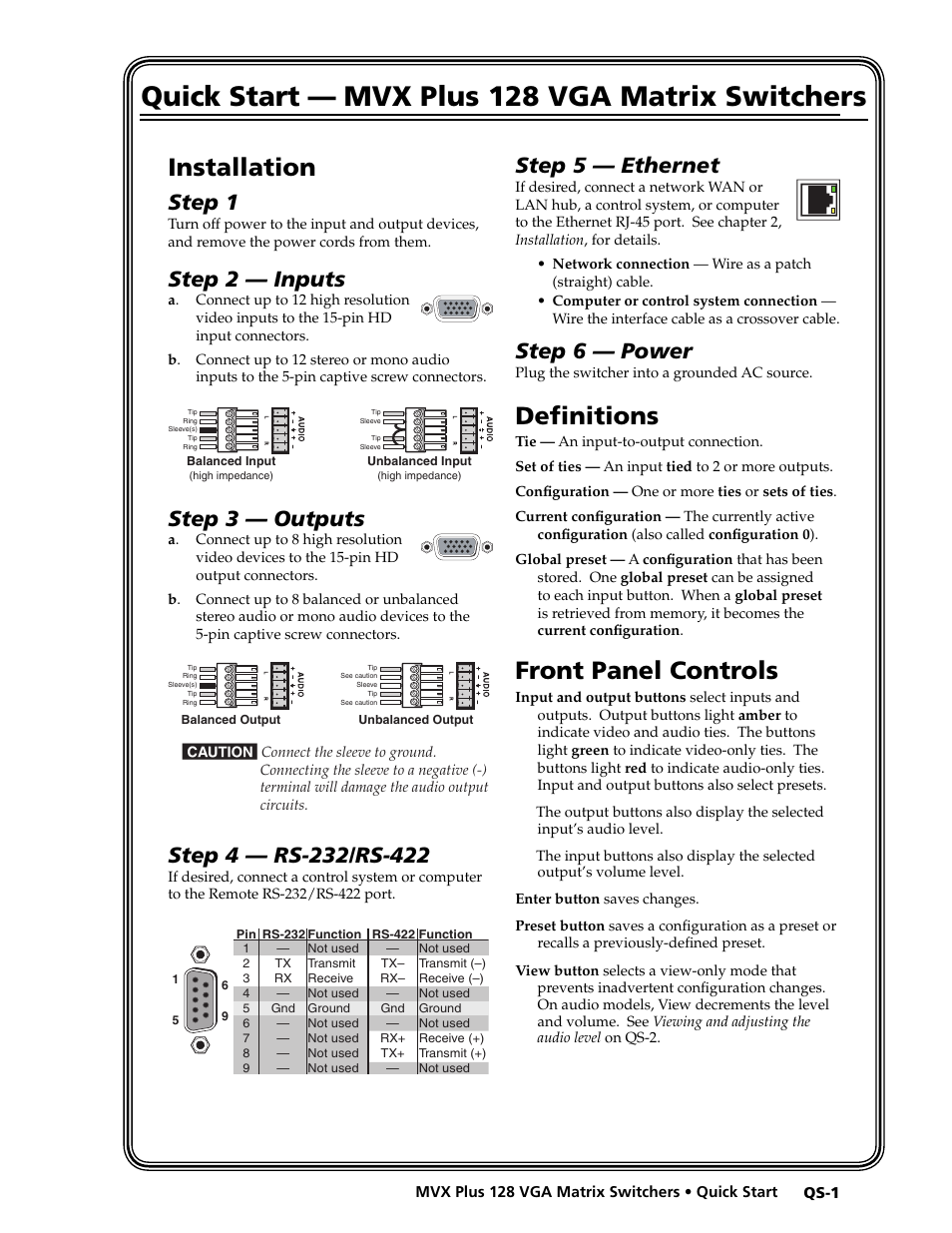 Preliminar y, Quick start — mvx plus 128 vga matrix switchers, Installation | Defi nitions, Front panel controls, Step 1, Step 2 — inputs, Step 3 — outputs, Step 5 — ethernet, Step 6 — power | Extron electronic VGA MATRIX SWITCHERS MVX PLUS 128 User Manual | Page 3 / 148