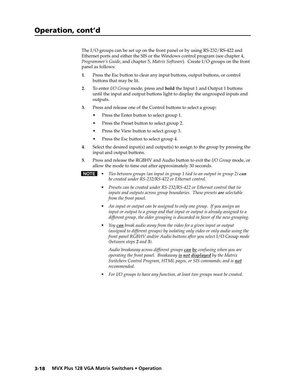 Preliminar y, Operation, cont’d | Extron electronic VGA MATRIX SWITCHERS MVX PLUS 128 User Manual | Page 40 / 148