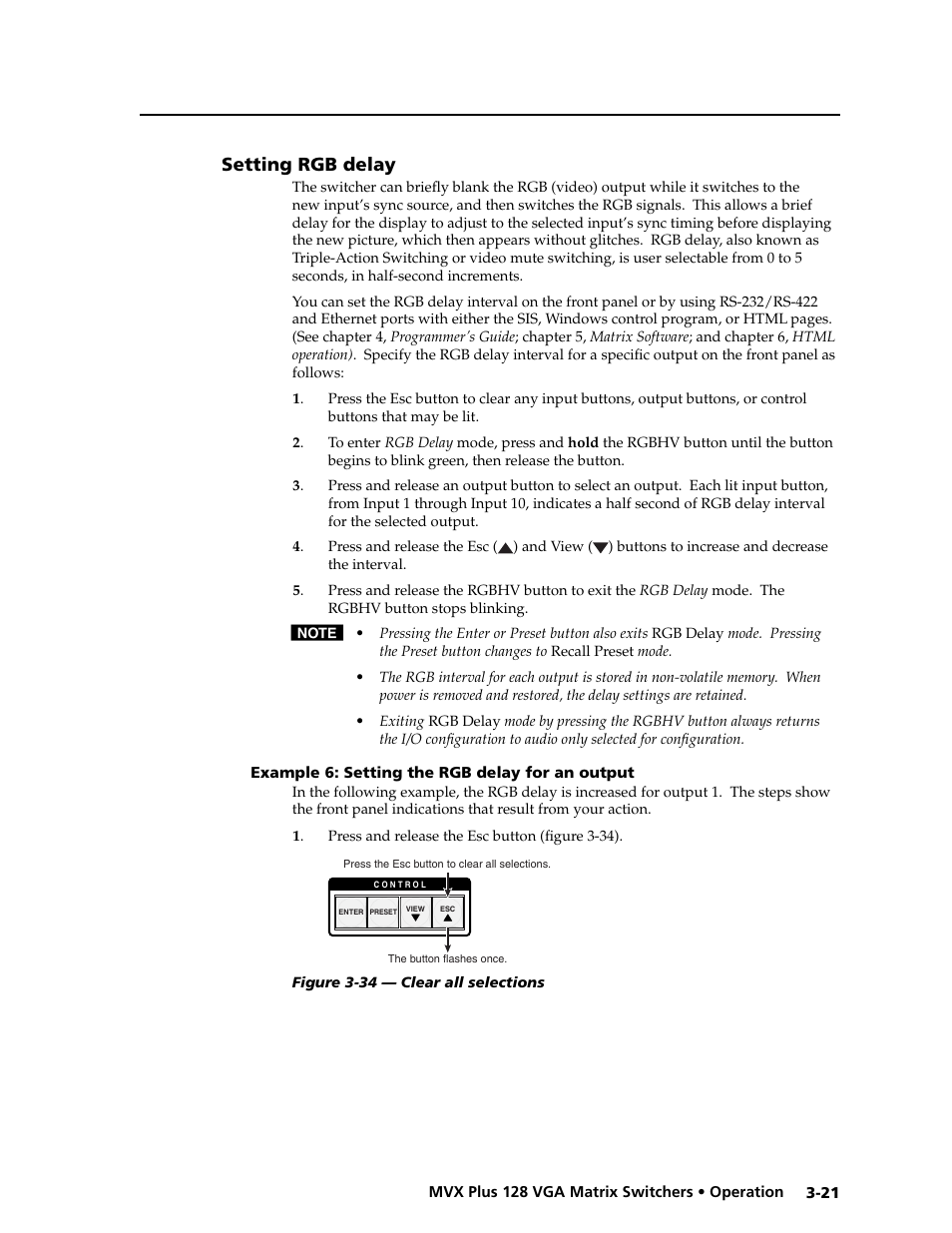 Preliminar y, Setting rgb delay | Extron electronic VGA MATRIX SWITCHERS MVX PLUS 128 User Manual | Page 43 / 148
