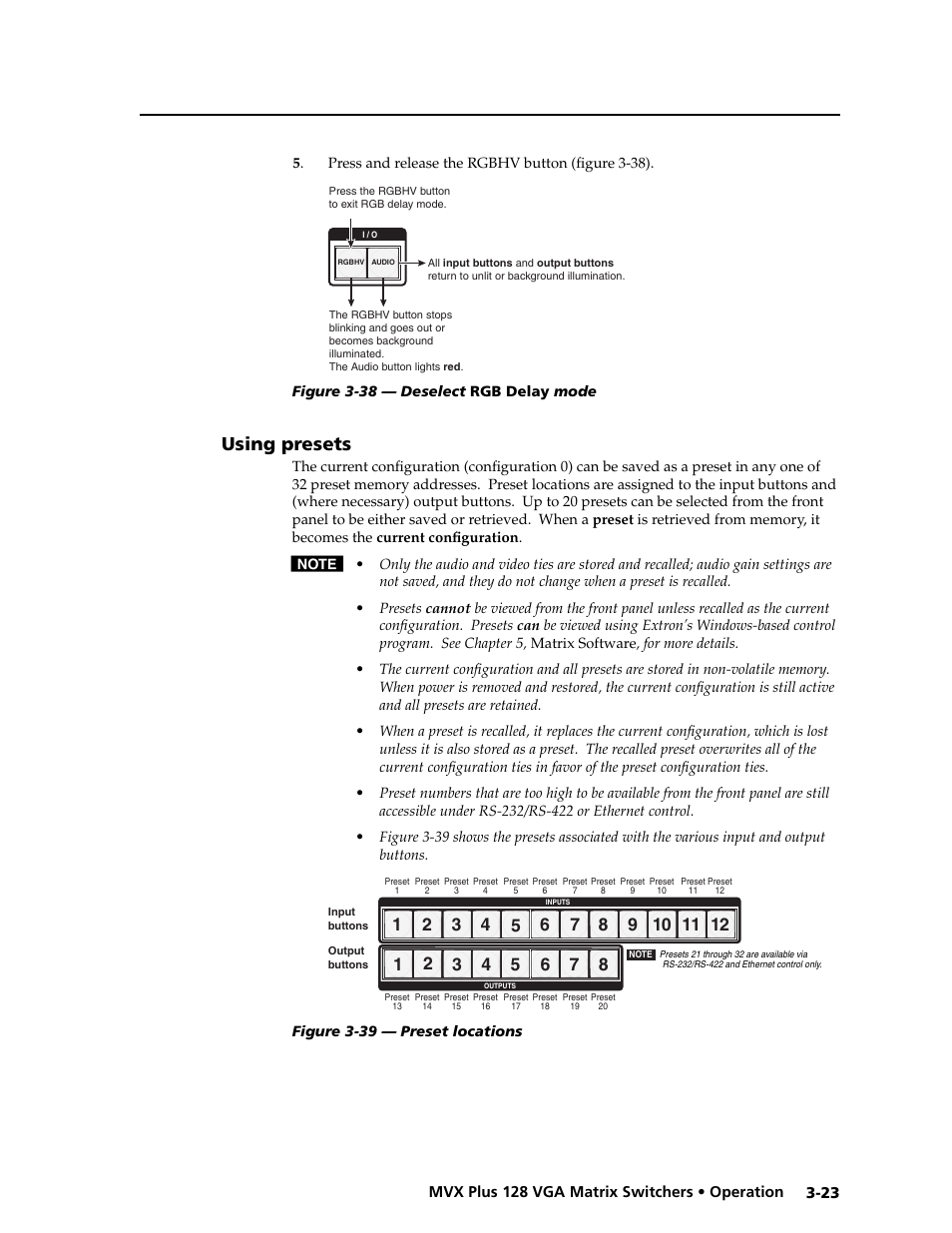 Preliminar y, Using presets | Extron electronic VGA MATRIX SWITCHERS MVX PLUS 128 User Manual | Page 45 / 148