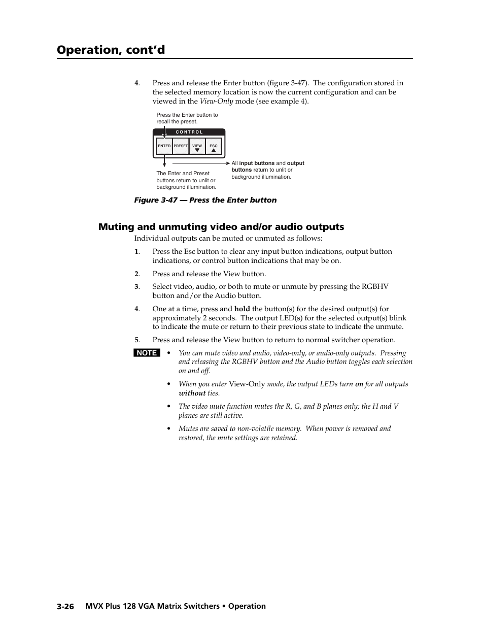 Preliminar y, Operation, cont’d, Muting and unmuting video and/or audio outputs | Extron electronic VGA MATRIX SWITCHERS MVX PLUS 128 User Manual | Page 48 / 148