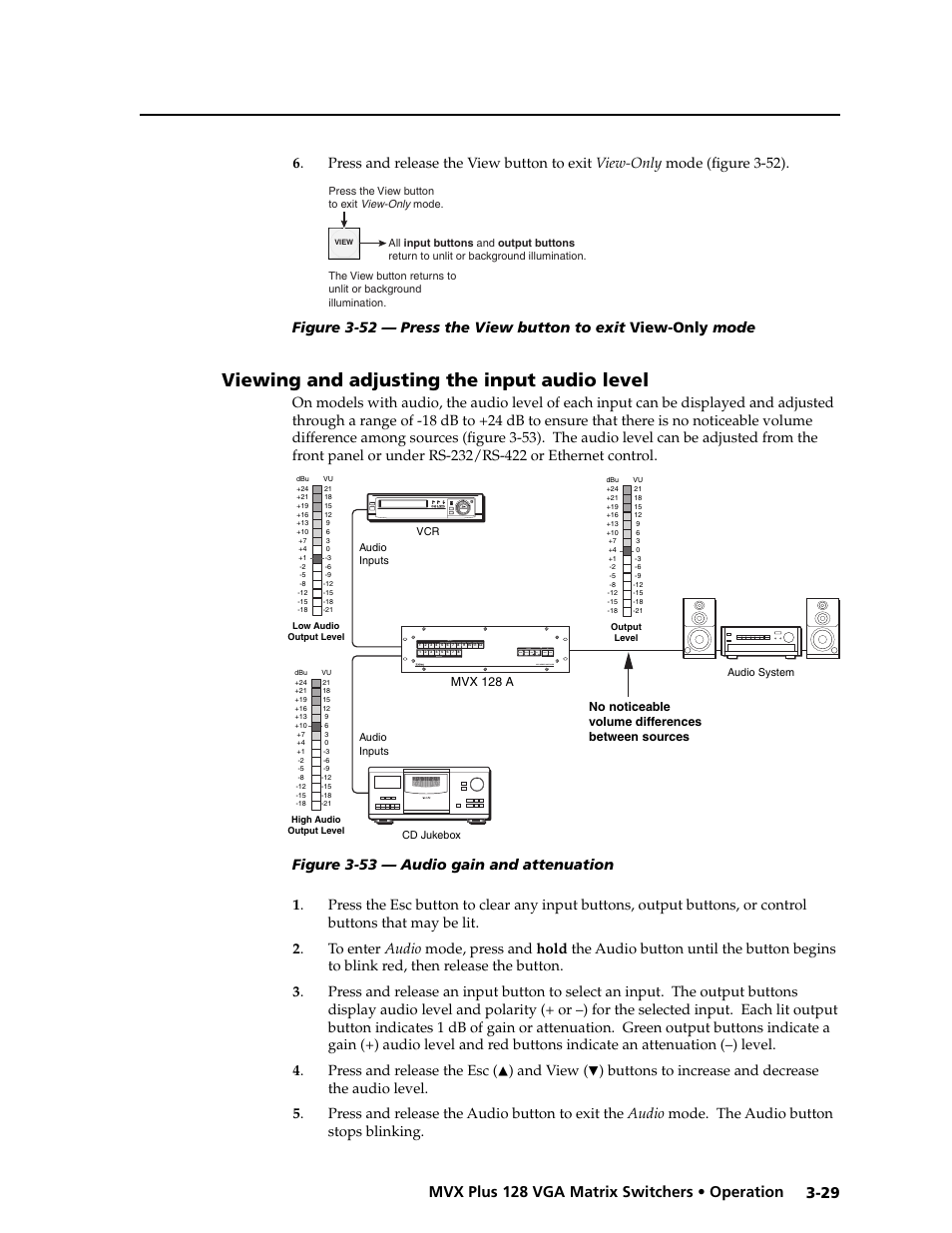 Preliminar y, Viewing and adjusting the input audio level, Outputs | And view | Extron electronic VGA MATRIX SWITCHERS MVX PLUS 128 User Manual | Page 51 / 148