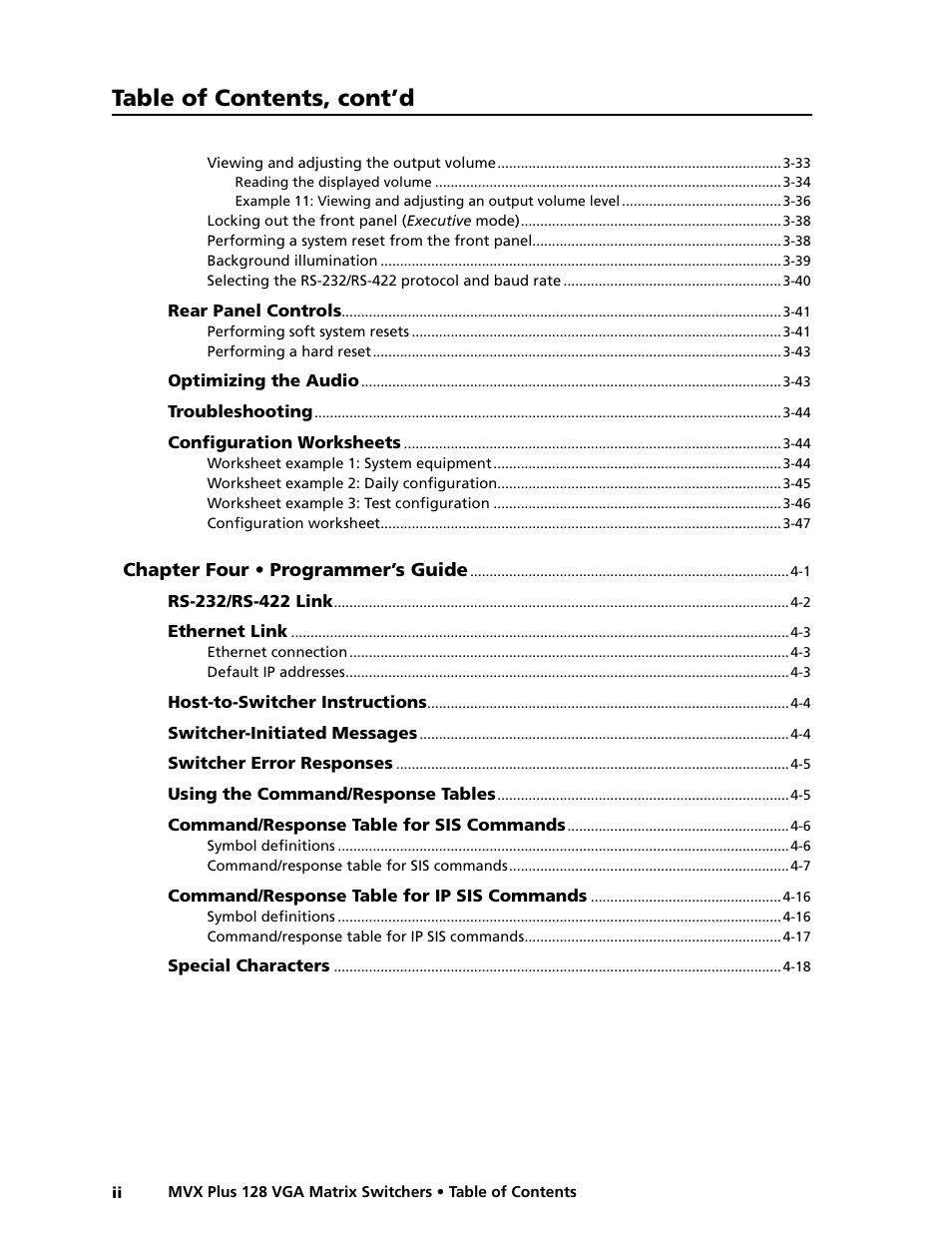 Preliminar y, Table of contents, cont’d | Extron electronic VGA MATRIX SWITCHERS MVX PLUS 128 User Manual | Page 6 / 148