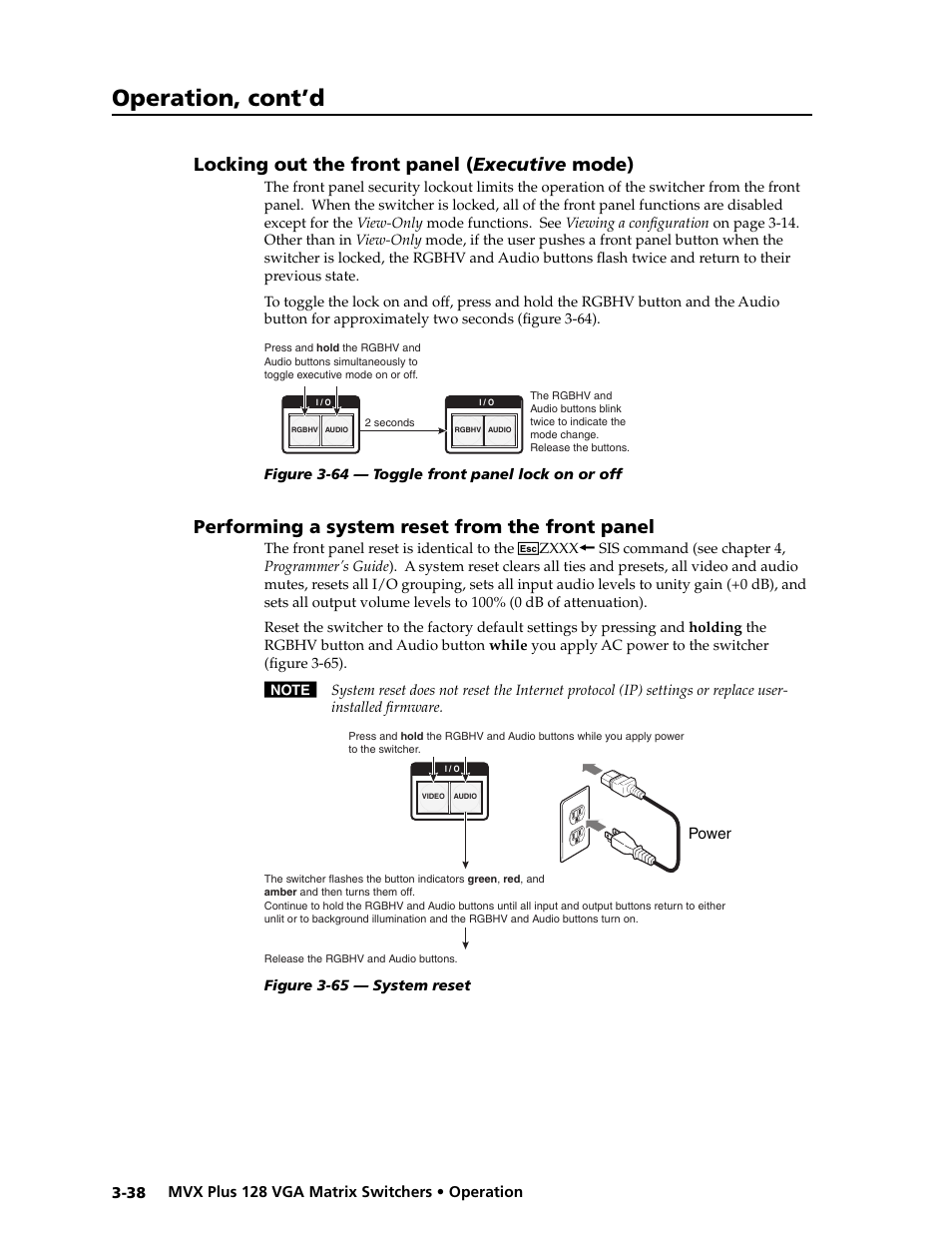 Preliminar y, Operation, cont’d, Locking out the front panel ( executive mode) | Performing a system reset from the front panel | Extron electronic VGA MATRIX SWITCHERS MVX PLUS 128 User Manual | Page 60 / 148