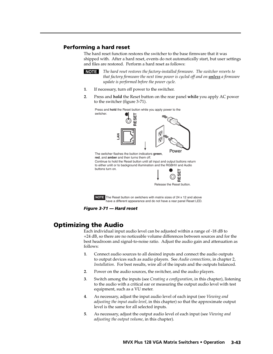 Preliminar y, Optimizing the audio | Extron electronic VGA MATRIX SWITCHERS MVX PLUS 128 User Manual | Page 65 / 148