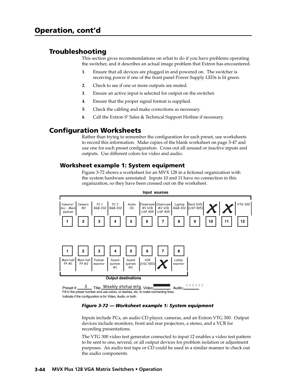 Preliminar y, Operation, cont’d, Troubleshooting | Confi guration worksheets, Worksheet example 1: system equipment | Extron electronic VGA MATRIX SWITCHERS MVX PLUS 128 User Manual | Page 66 / 148