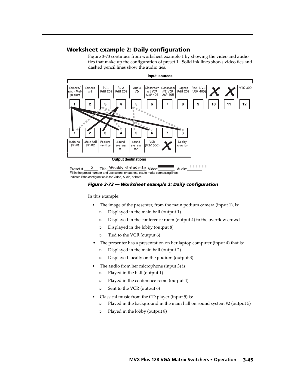 Preliminar y, Worksheet example 2: daily confi guration | Extron electronic VGA MATRIX SWITCHERS MVX PLUS 128 User Manual | Page 67 / 148