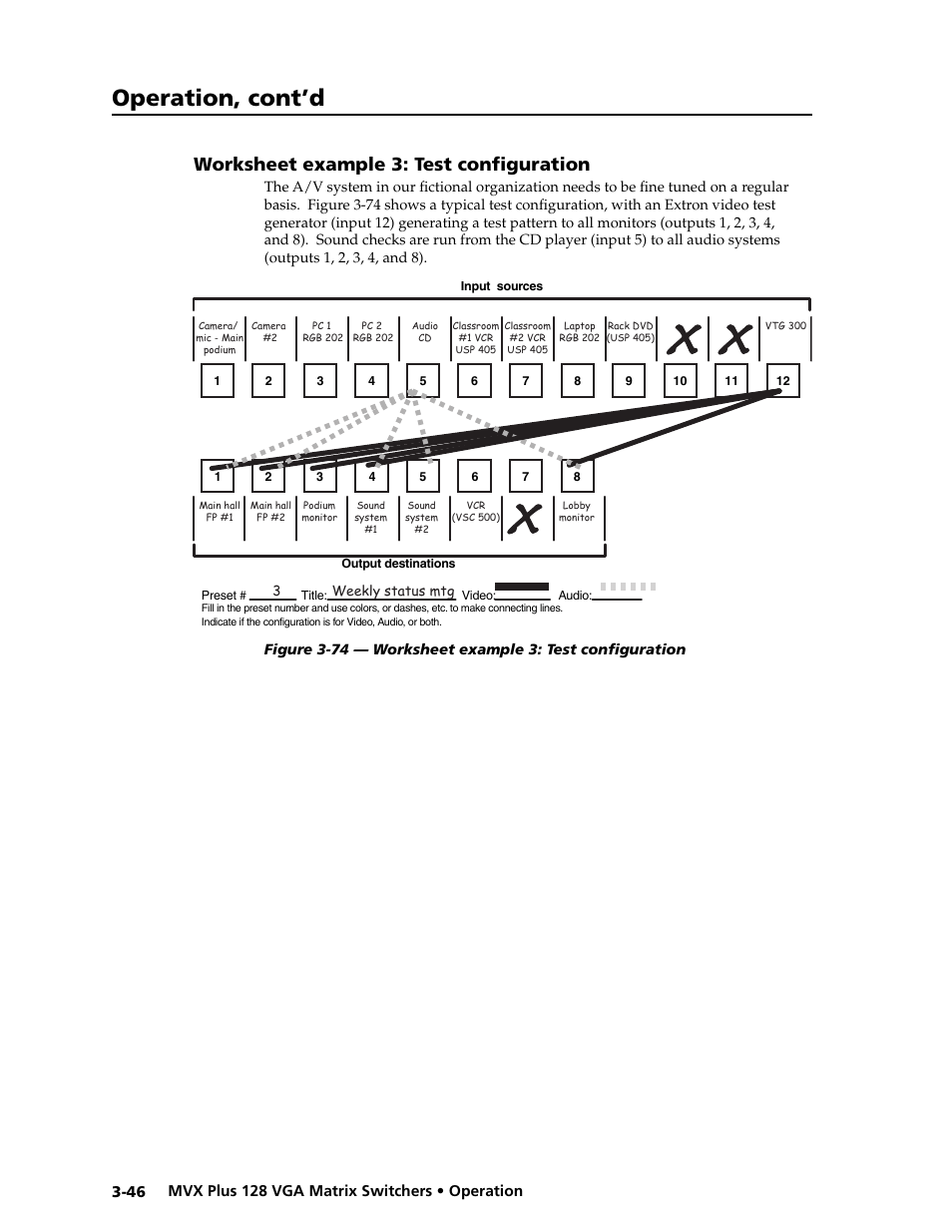Preliminar y, Operation, cont’d, Worksheet example 3: test confi guration | Extron electronic VGA MATRIX SWITCHERS MVX PLUS 128 User Manual | Page 68 / 148