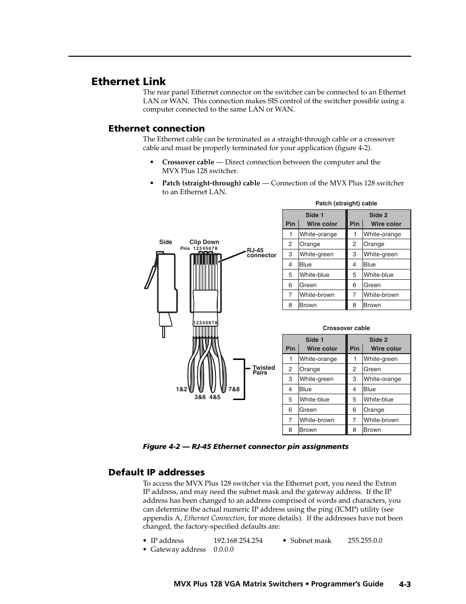 Preliminar y, Ethernet link, Ethernet connection | Default ip addresses | Extron electronic VGA MATRIX SWITCHERS MVX PLUS 128 User Manual | Page 73 / 148