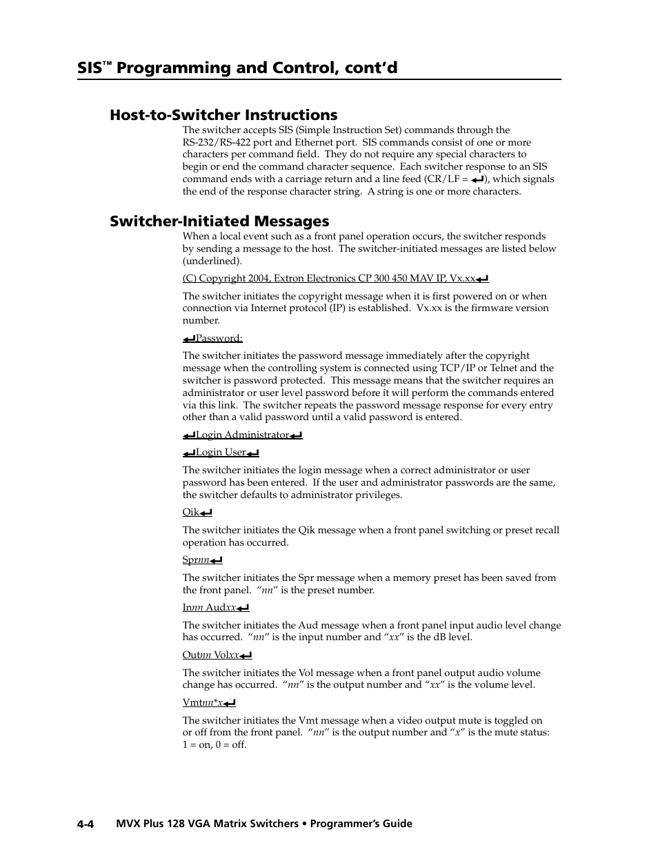 Preliminar y, Programming and control, cont’d, Host-to-switcher instructions | Switcher-initiated messages | Extron electronic VGA MATRIX SWITCHERS MVX PLUS 128 User Manual | Page 74 / 148