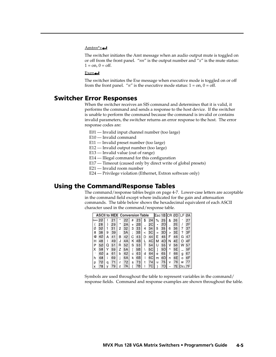Preliminar y, Switcher error responses, Using the command/response tables | Extron electronic VGA MATRIX SWITCHERS MVX PLUS 128 User Manual | Page 75 / 148