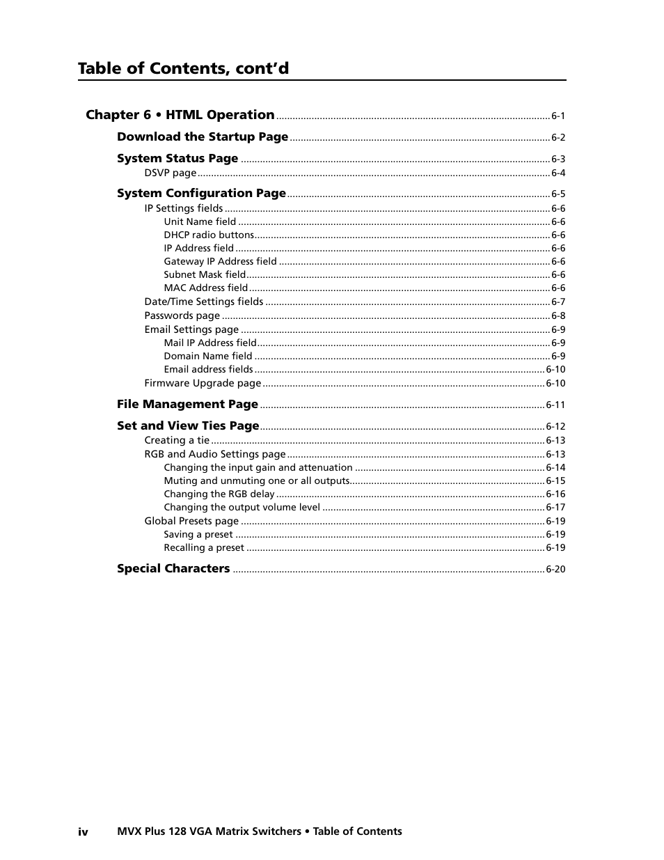 Preliminar y, Table of contents, cont’d | Extron electronic VGA MATRIX SWITCHERS MVX PLUS 128 User Manual | Page 8 / 148