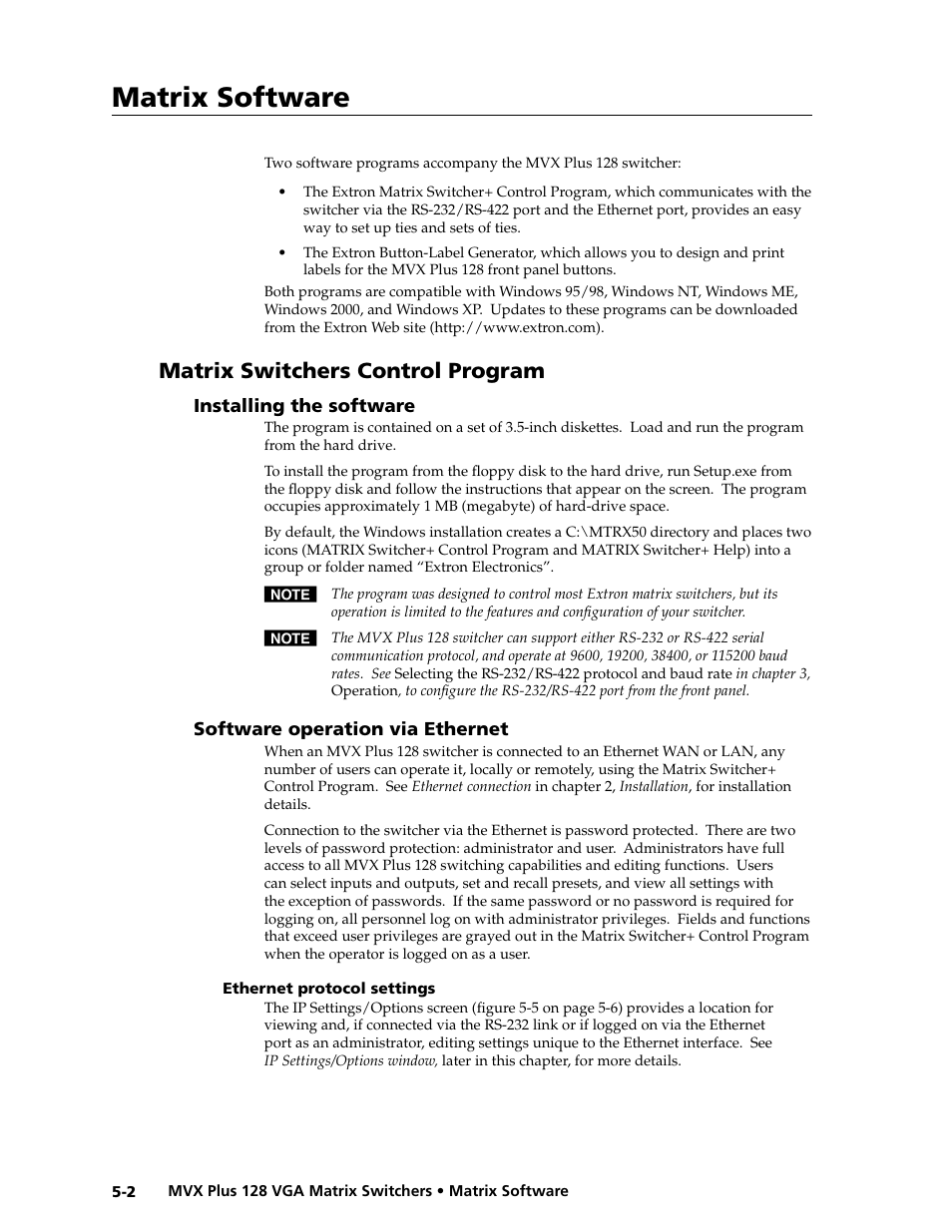 Preliminar y, Matrix software, Matrix switchers control program | Extron electronic VGA MATRIX SWITCHERS MVX PLUS 128 User Manual | Page 90 / 148