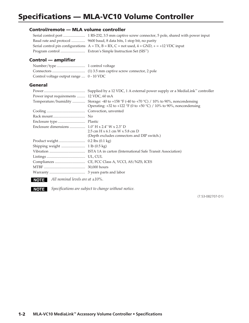 Extron electronic MLA-VC10 User Manual | 1 page