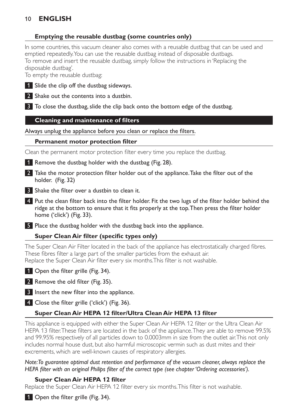 Cleaning and maintenance of filters, Permanent motor protection filter, Super clean air filter (specific types only) | Super clean air hepa 12 filter | Philips FC9071 User Manual | Page 10 / 136