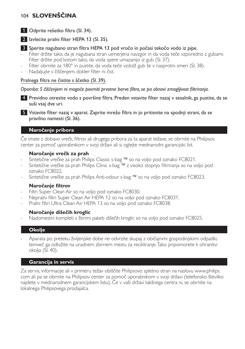 Naročanje vrečk za prah, Naročanje filtrov, Naročanje dišečih kroglic | Naročanje pribora, Okolje, Garancija in servis, Odpravljanje težav | Philips FC9071 User Manual | Page 104 / 136