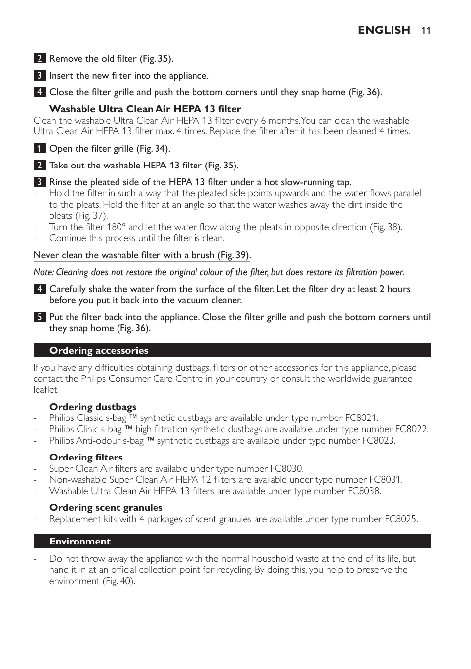 Washable ultra clean air hepa 13 filter, Ordering dustbags, Ordering filters | Ordering scent granules, Ordering accessories, Environment, Guarantee & service | Philips FC9071 User Manual | Page 11 / 136