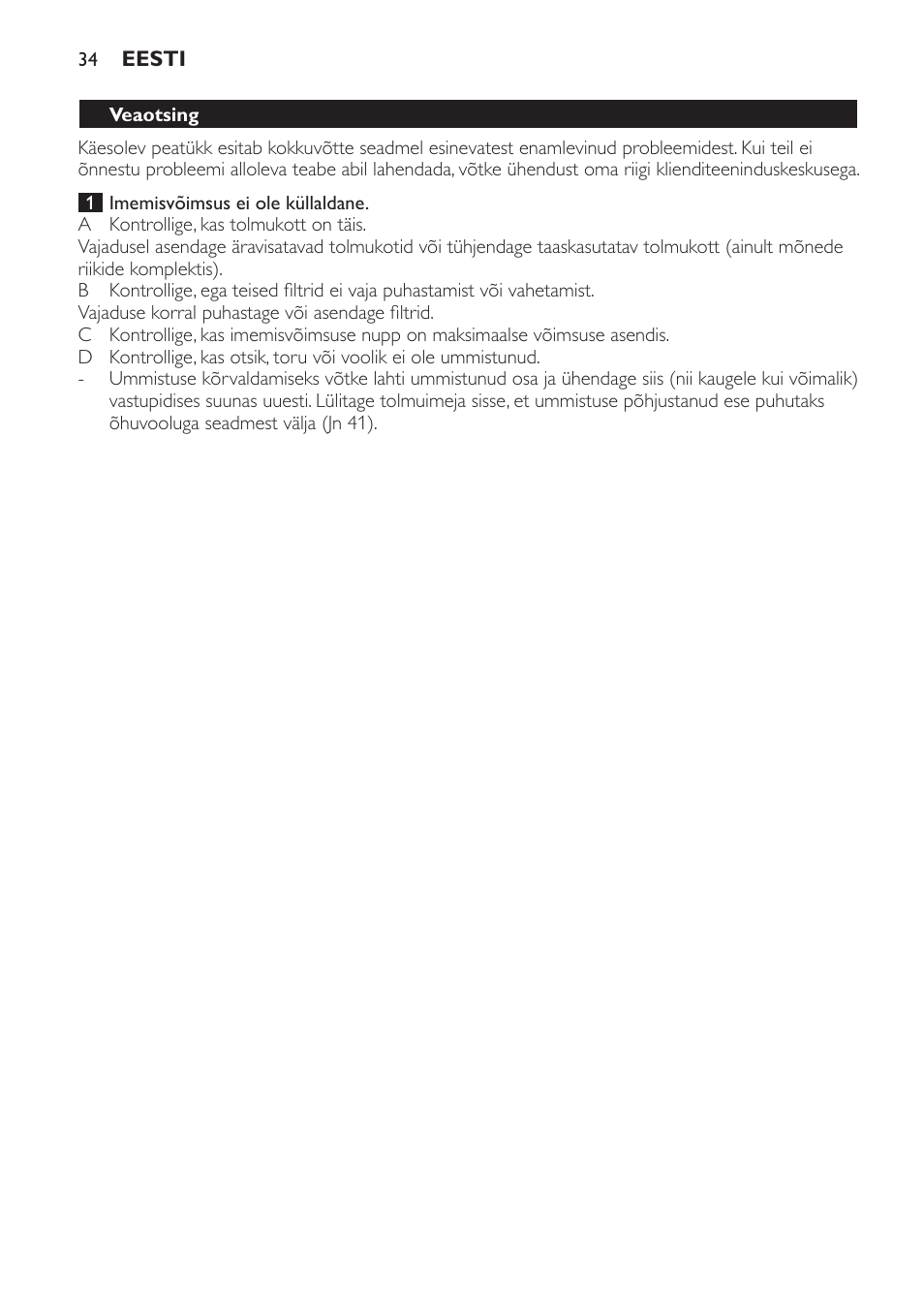 Veaotsing | Philips FC9071 User Manual | Page 34 / 136