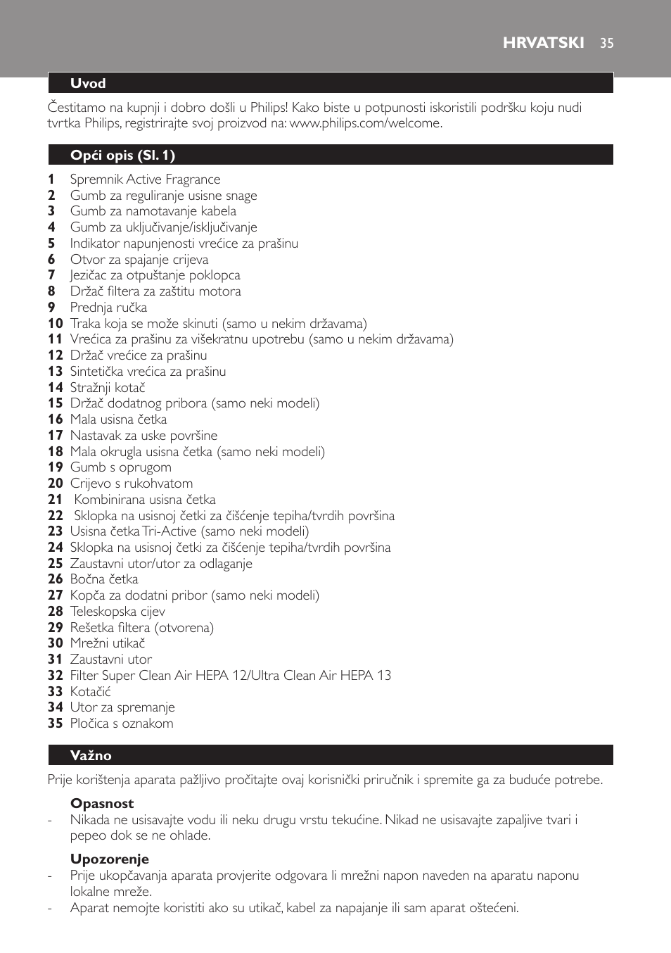 Opasnost, Upozorenje, Hrvatski | Uvod, Opći opis (sl. 1), Važno | Philips FC9071 User Manual | Page 35 / 136