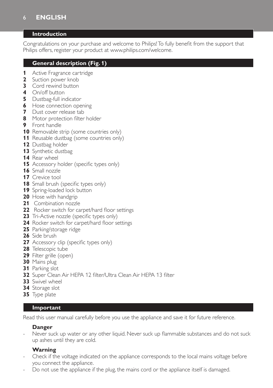 English, Introduction, General description (fig. 1) | Important, Danger, Warning | Philips FC9071 User Manual | Page 6 / 136