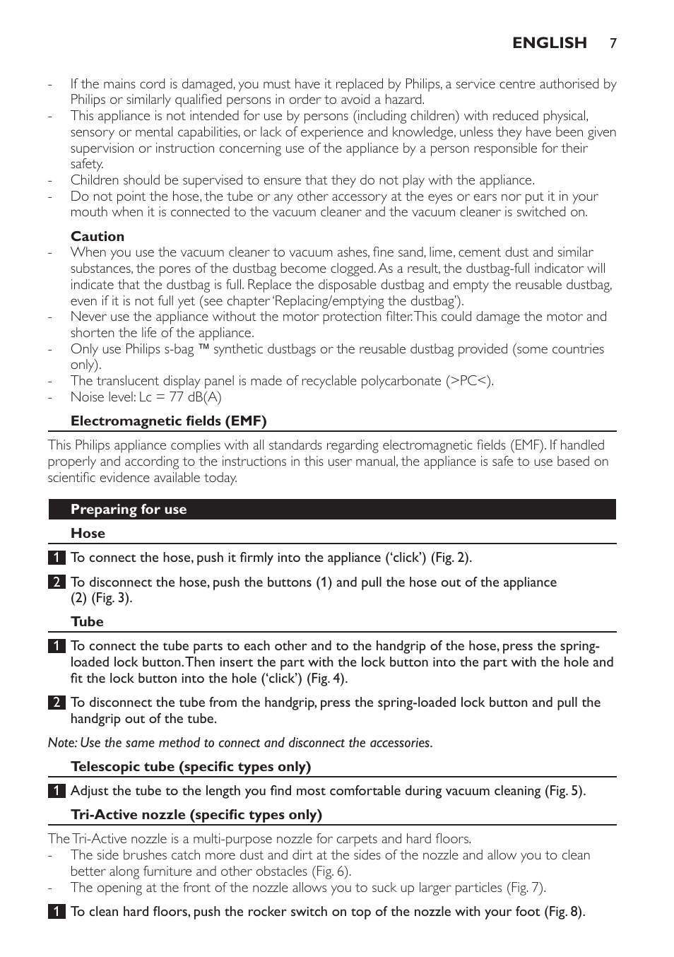 Caution, Electromagnetic fields (emf), Preparing for use | Hose, Tube, Telescopic tube (specific types only), Tri-active nozzle (specific types only) | Philips FC9071 User Manual | Page 7 / 136
