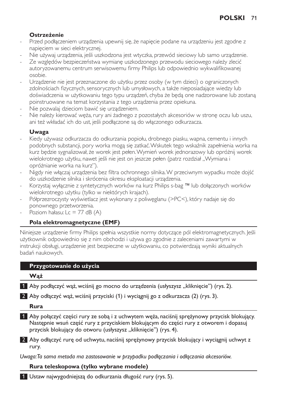 Ostrzeżenie, Uwaga, Pola elektromagnetyczne (emf) | Przygotowanie do użycia, Rura, Rura teleskopowa (tylko wybrane modele) | Philips FC9071 User Manual | Page 71 / 136