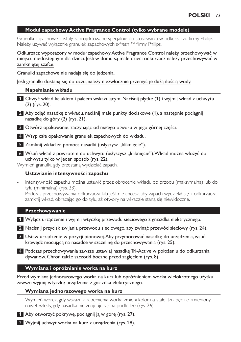 Napełnianie wkładu, Ustawianie intensywności zapachu, Przechowywanie | Wymiana i opróżnianie worka na kurz, Wymiana jednorazowego worka na kurz | Philips FC9071 User Manual | Page 73 / 136