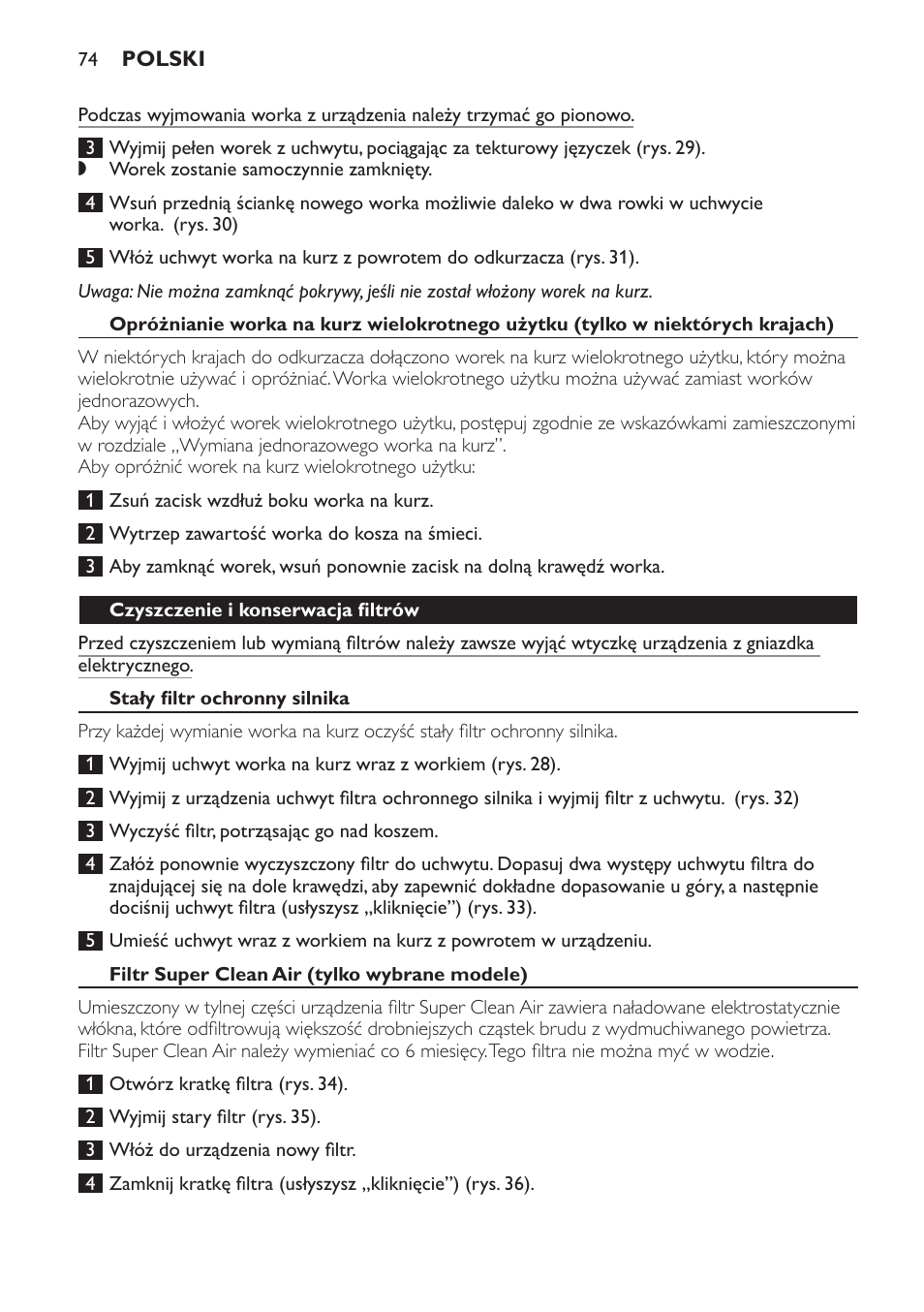 Czyszczenie i konserwacja filtrów, Stały filtr ochronny silnika, Filtr super clean air (tylko wybrane modele) | Philips FC9071 User Manual | Page 74 / 136