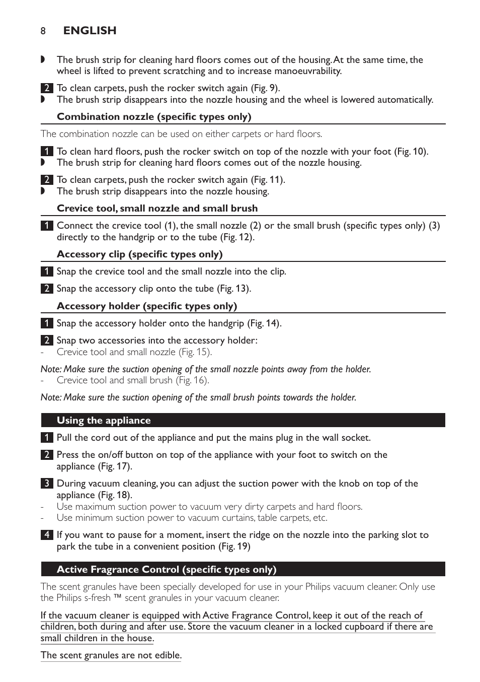 Combination nozzle (specific types only), Crevice tool, small nozzle and small brush, Accessory clip (specific types only) | Accessory holder (specific types only), Using the appliance, Active fragrance control (specific types only) | Philips FC9071 User Manual | Page 8 / 136