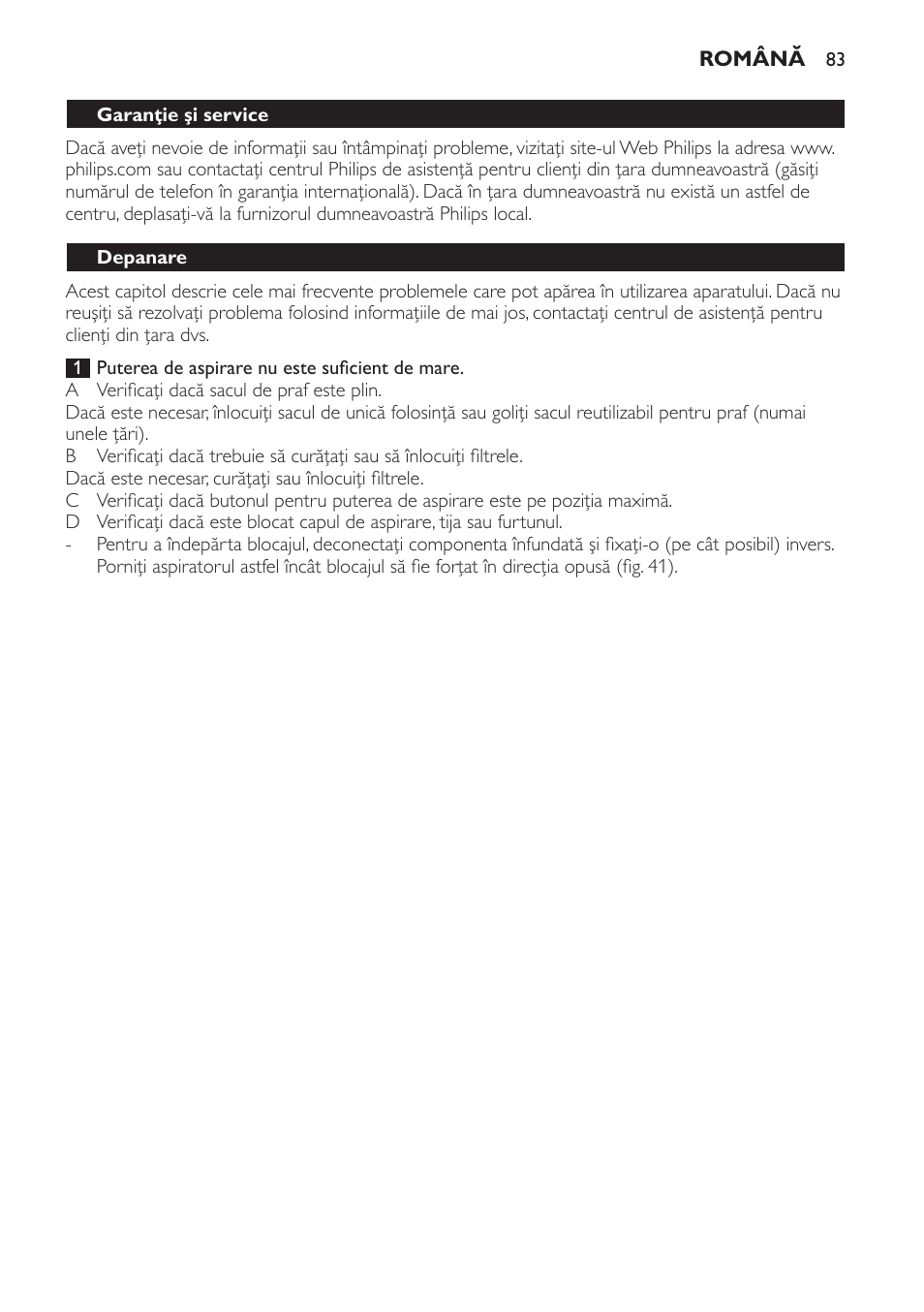 Depanare | Philips FC9071 User Manual | Page 83 / 136