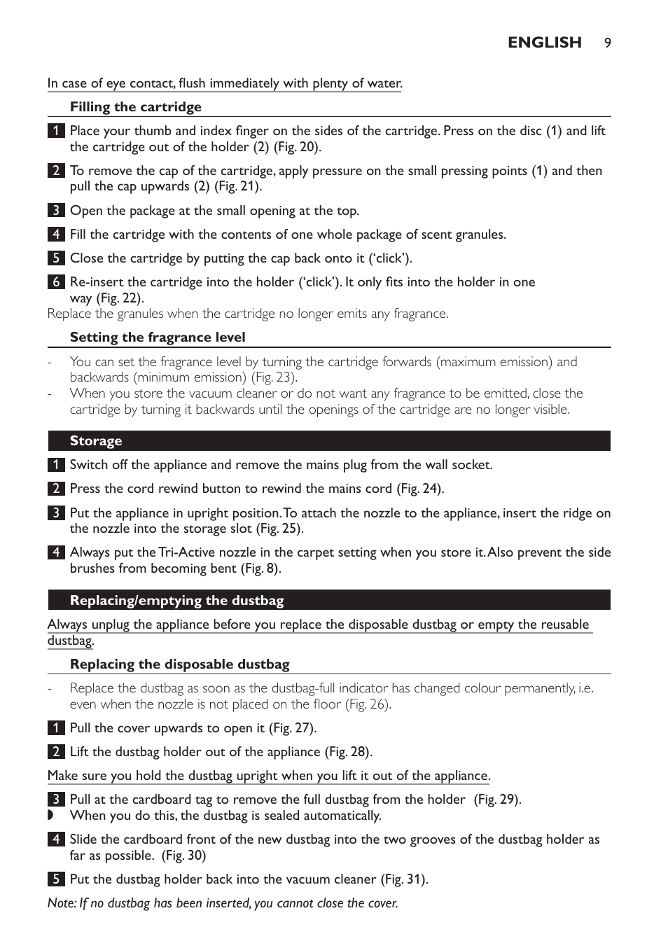 Filling the cartridge, Setting the fragrance level, Storage | Replacing/emptying the dustbag, Replacing the disposable dustbag | Philips FC9071 User Manual | Page 9 / 136