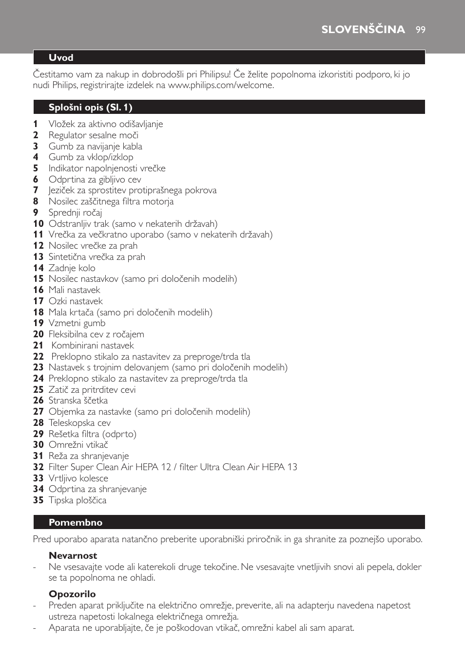 Nevarnost, Opozorilo, Slovenščina | Uvod, Splošni opis (sl. 1), Pomembno | Philips FC9071 User Manual | Page 99 / 136
