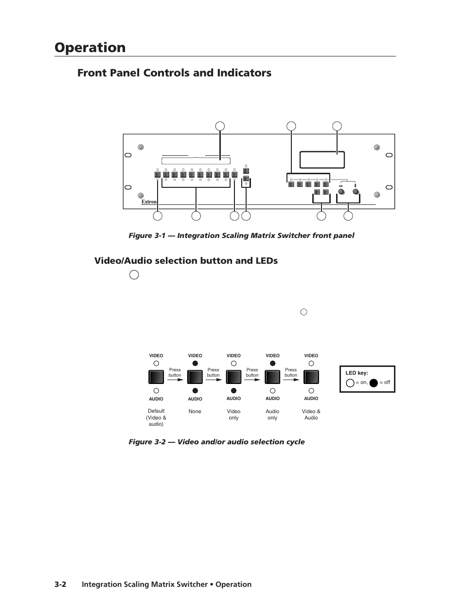 Front panel controls and indicators, Video/audio selection button and leds, Ogram. see chapter 3, “operation”, chapter 4, “pr | Operation, Operation, cont’d, Figure 3-2 — video and/or audio selection cycle | Extron electronic ISM 482 User Manual | Page 27 / 105