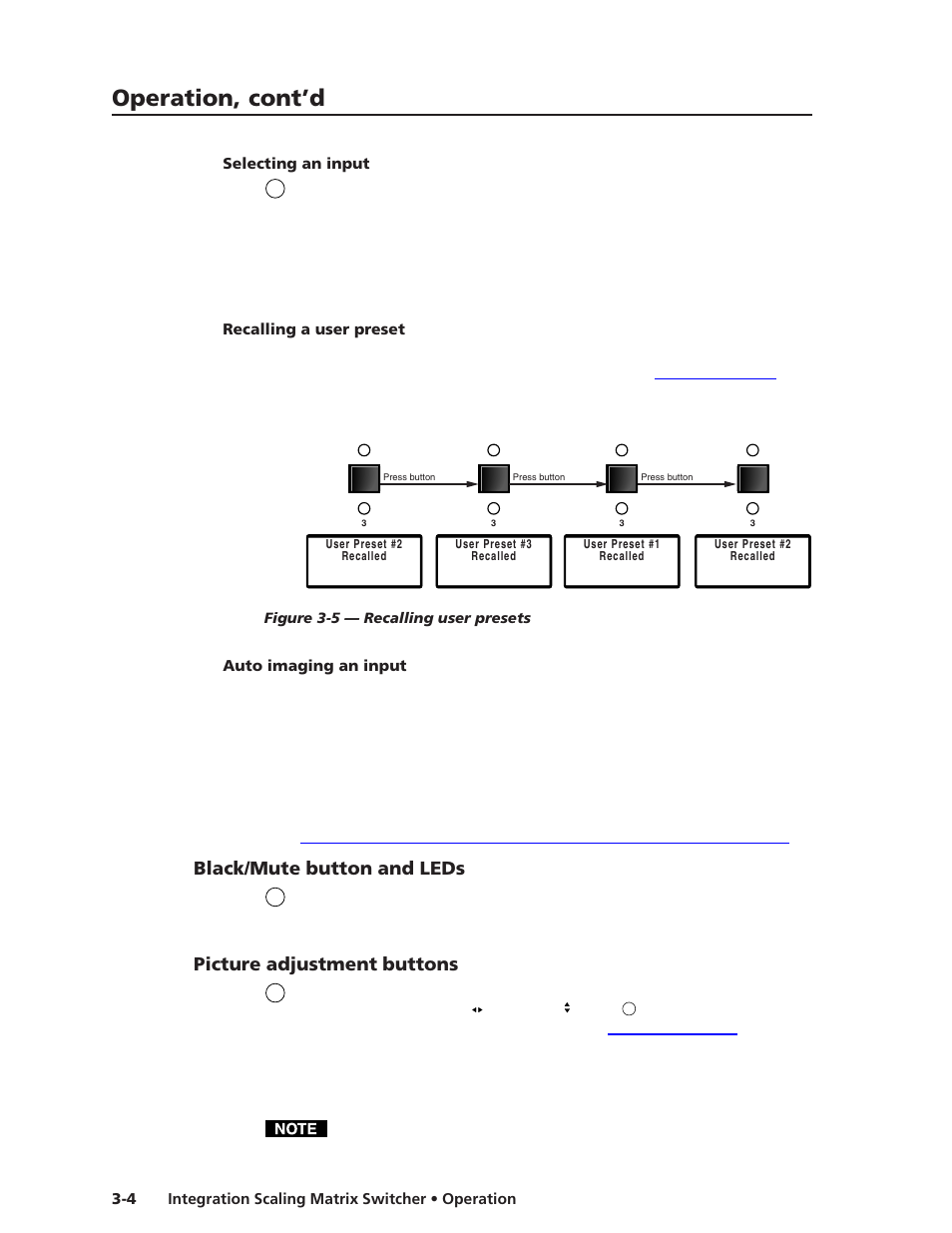 Selecting an input, Recalling a user preset, Auto imaging an input | Black/mute button and leds, Picture adjustment buttons, Operation, cont’d | Extron electronic ISM 482 User Manual | Page 29 / 105
