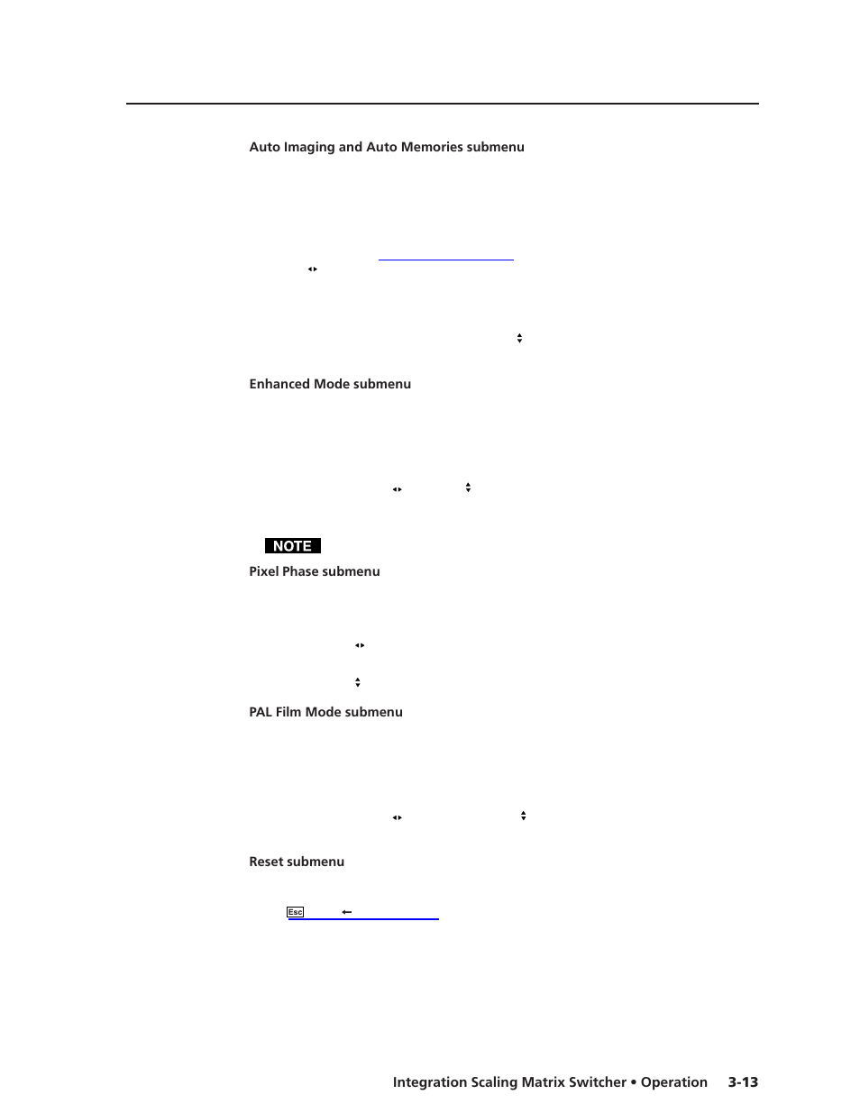 Auto imaging and auto memories submenu, Enhanced mode submenu, Pixel phase submenu | Pal film mode submenu, Reset submenu | Extron electronic ISM 482 User Manual | Page 38 / 105