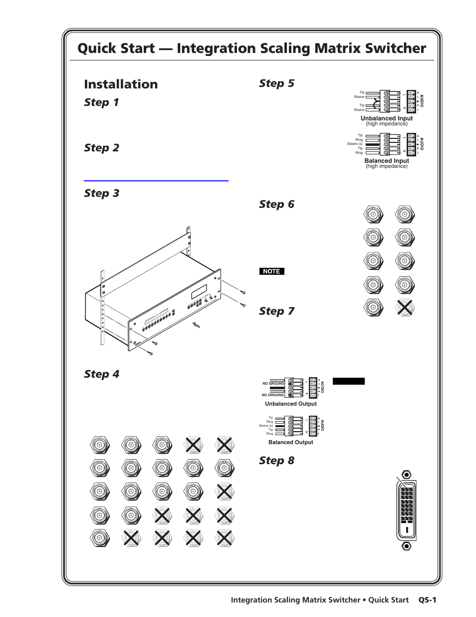 Quick start, Quick start — integration scaling matrix switcher, Installation | Step 1, Step 2, Step 3, Step 4, Step 5, Step 6, Step 7 | Extron electronic ISM 482 User Manual | Page 4 / 105