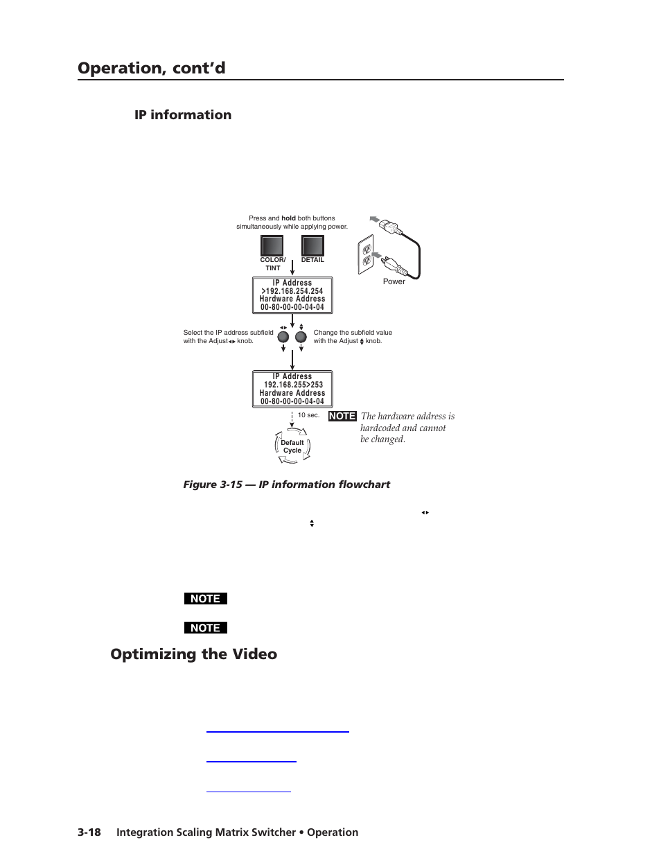 Ip information, Optimizing the video, Operation, cont’d | Extron electronic ISM 482 User Manual | Page 43 / 105