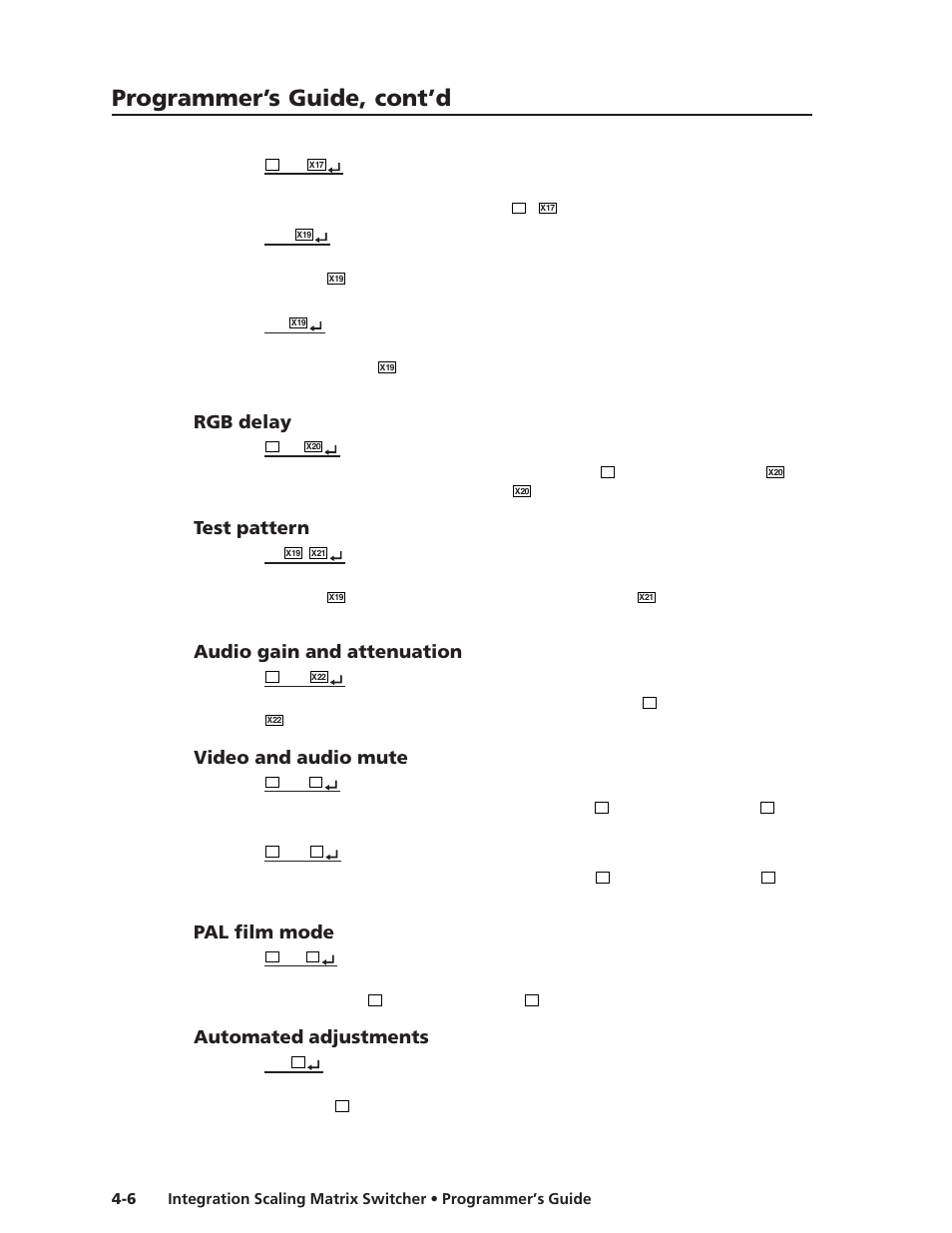 Rgb delay, Test pattern, Audio gain and attenuation | Video and audio mute, Pal film mode, Automated adjustments, Programmer’s guide, cont’d | Extron electronic ISM 482 User Manual | Page 53 / 105