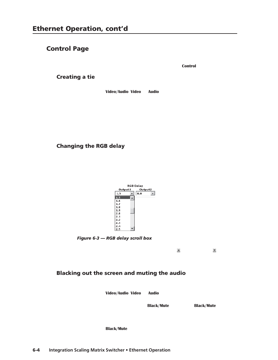 Creating a tie, Changing the rgb delay, Blacking out the screen and muting the audio | Ethernet operation, cont’d, Control page | Extron electronic ISM 482 User Manual | Page 75 / 105