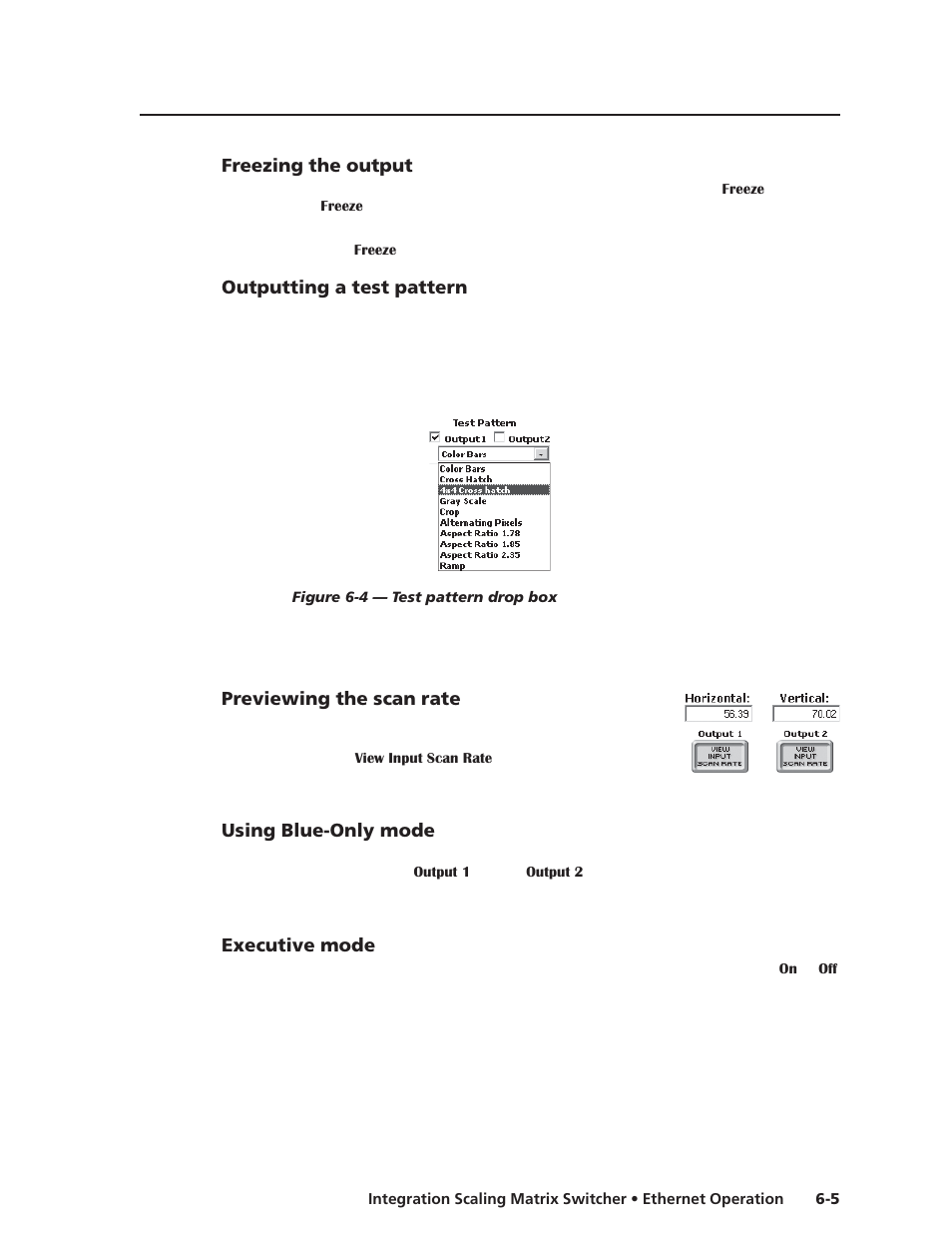 Freezing the output, Outputting a test pattern, Previewing the scan rate | Using blue-only mode, Executive mode | Extron electronic ISM 482 User Manual | Page 76 / 105