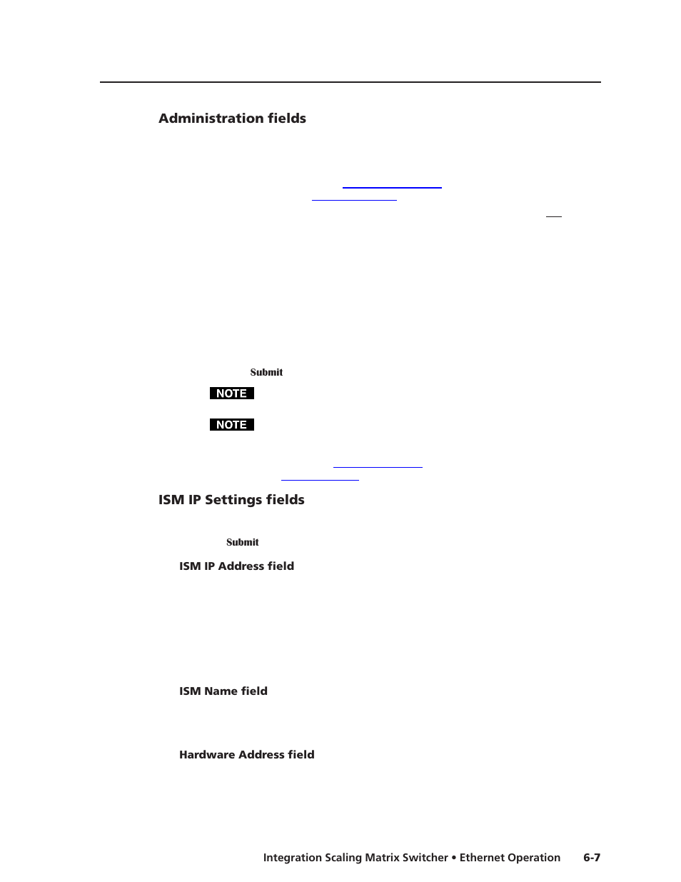 Administration fields, Ism ip settings fields, Ism ip address field | Ism name field, Hardware address field | Extron electronic ISM 482 User Manual | Page 78 / 105