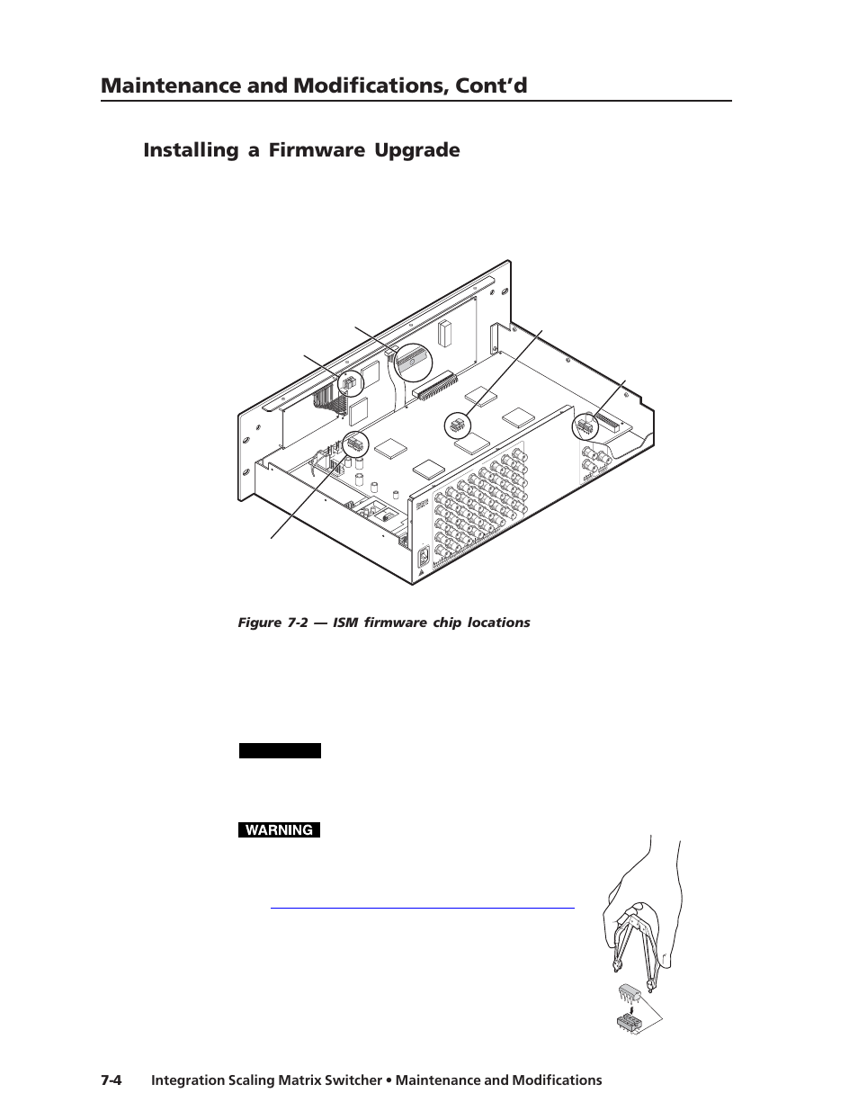 Installing a firmware upgrade, Maintenance and modifications, cont’d, Caution | Extron ism 482, Switcher | Extron electronic ISM 482 User Manual | Page 87 / 105