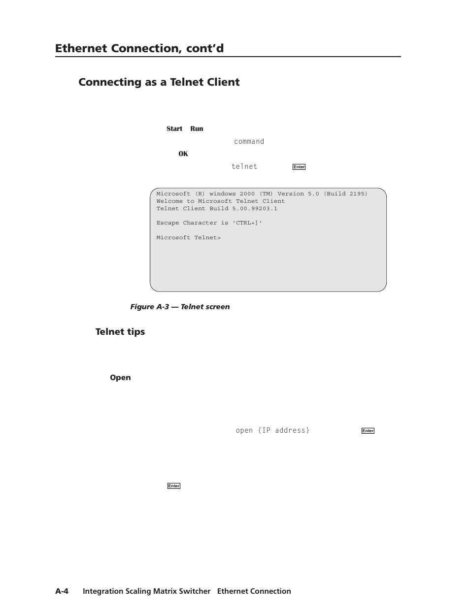 Connecting as a telnet client, Telnet tips, Open | Ethernet connection, cont’d | Extron electronic ISM 482 User Manual | Page 93 / 105