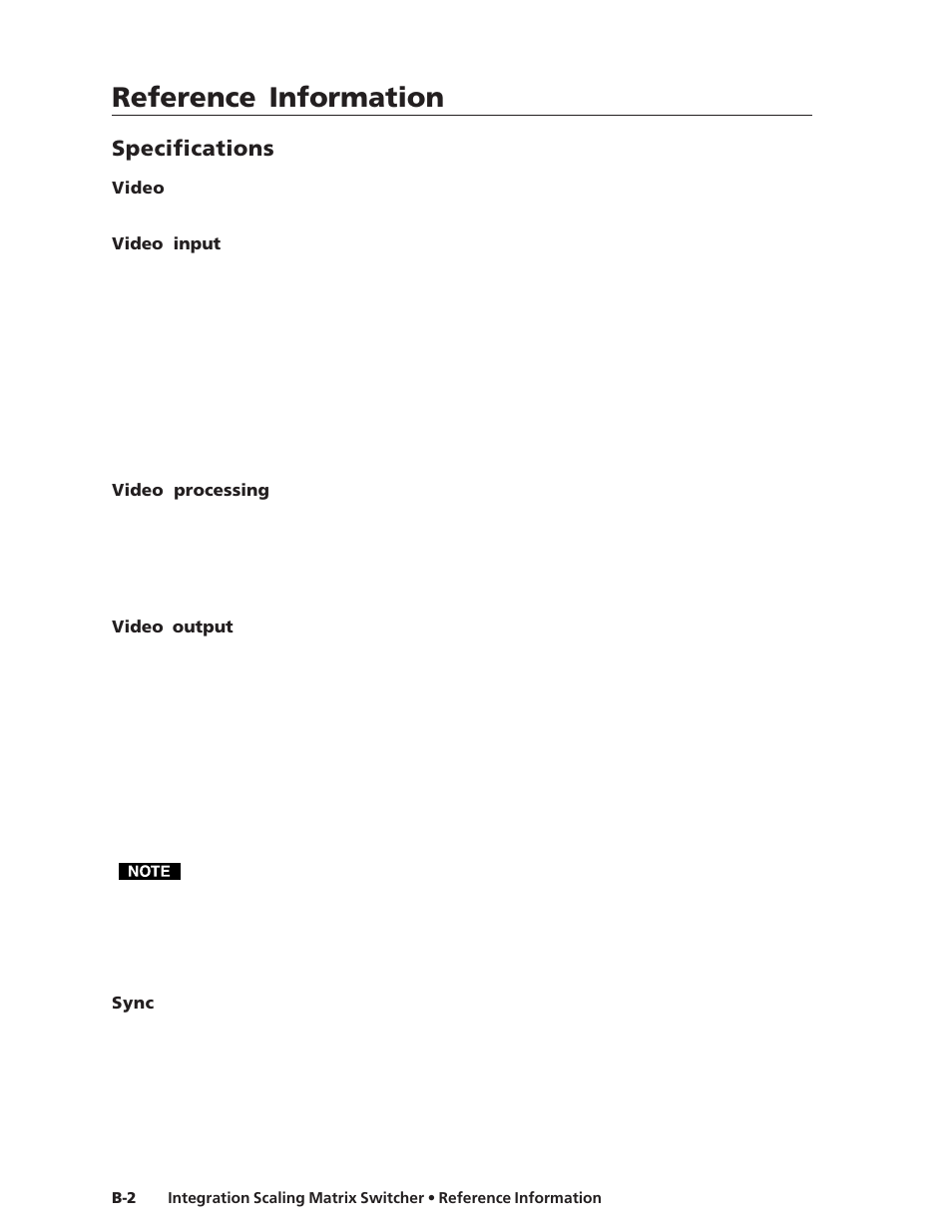 Specifications, Reference information, Video | Video input, Video processing, Video output, Sync | Extron electronic ISM 482 User Manual | Page 97 / 105